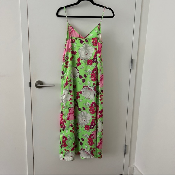 Christopher John Rogers Green/ Pink Floral Pleated Dress with Slip Size Medium - Picture 2 of 6